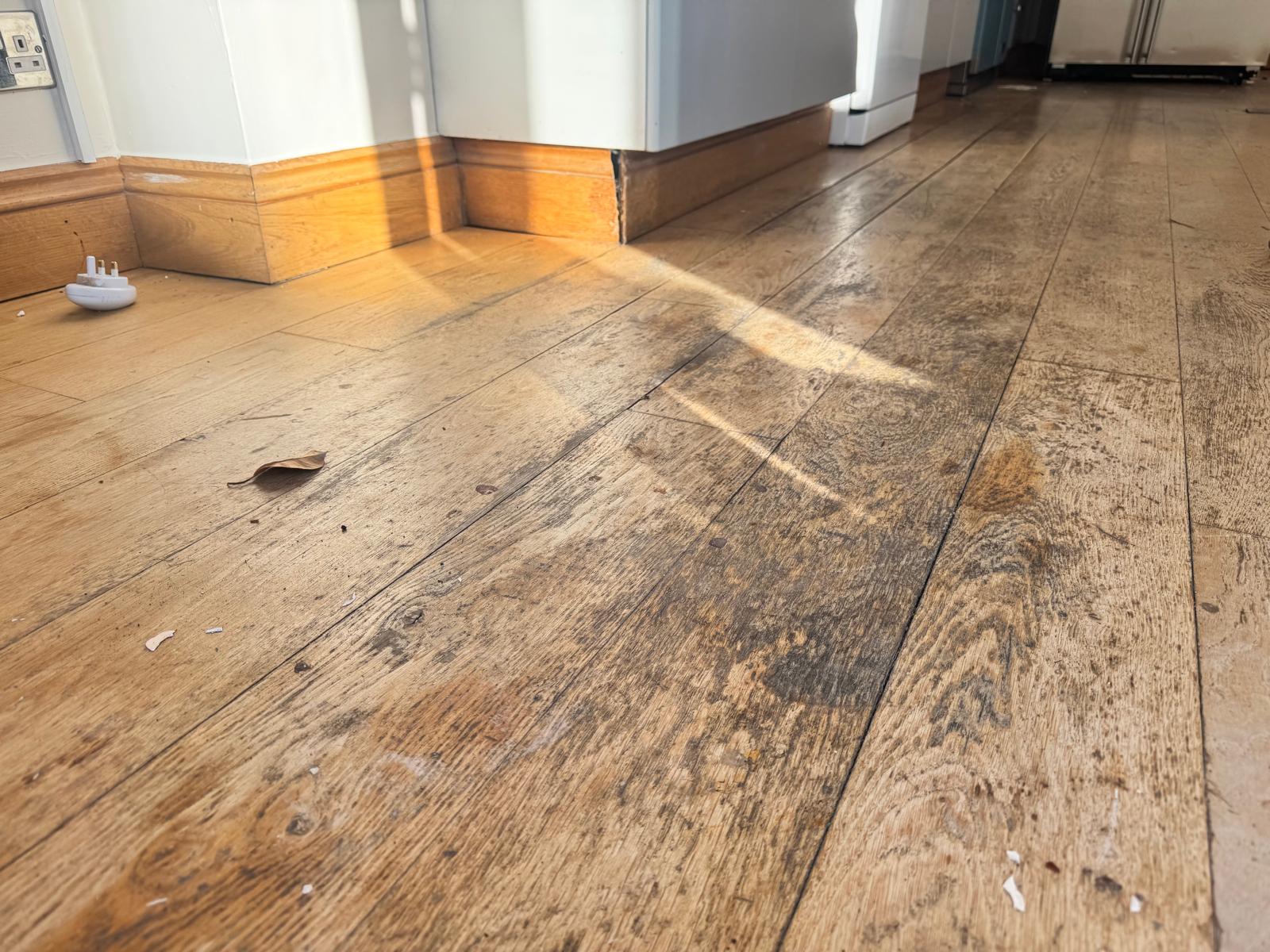 Stained and worn oak kitchen floorboards, before and after sanding and a natural finish, before
